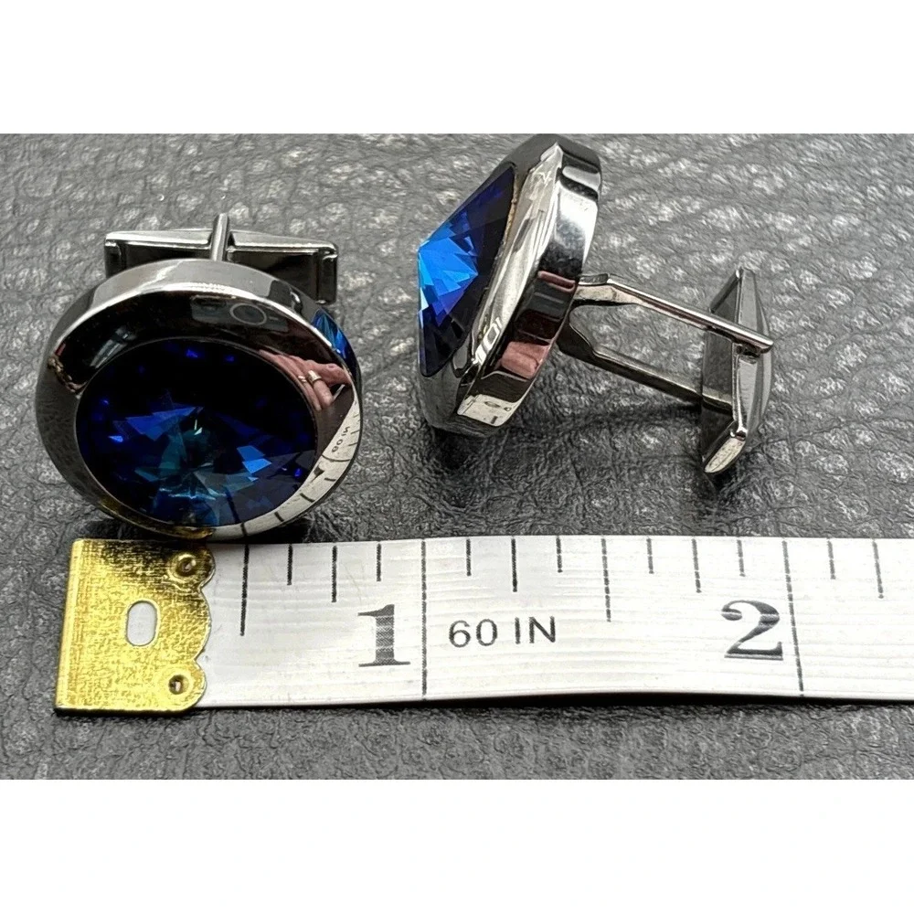 Vintage Silver Tone Royal Blue Rivoli Rhinestone Crystal Starburst Cufflinks